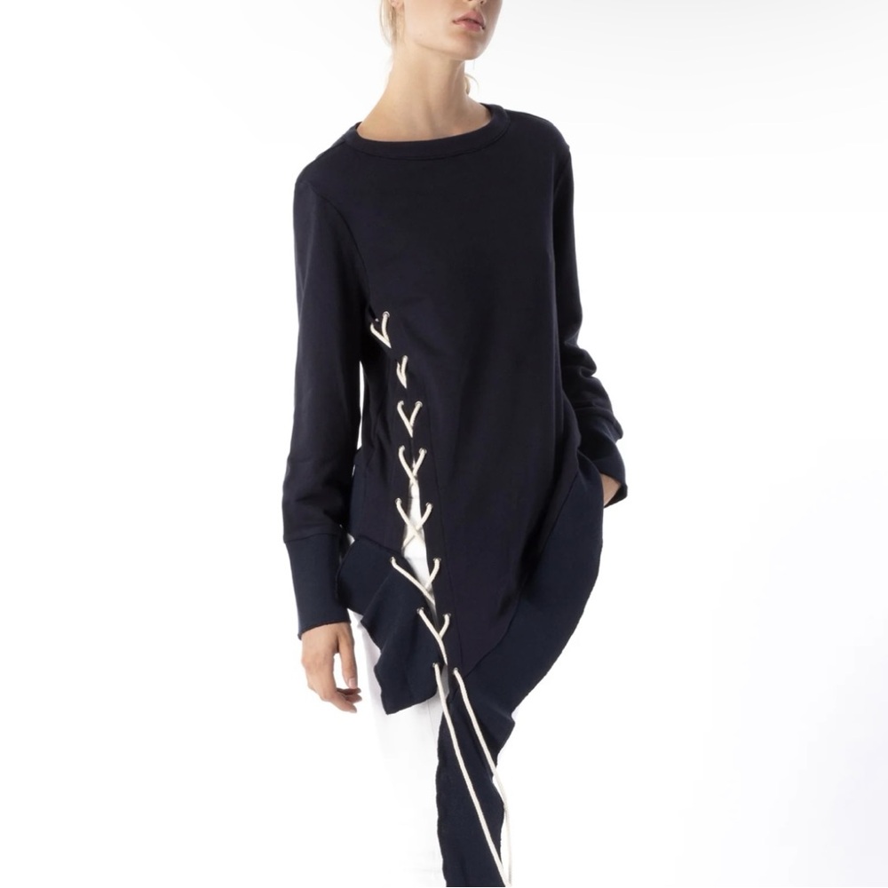 MAAC London Asymmetrical Navy Lace Up Sweatshirt